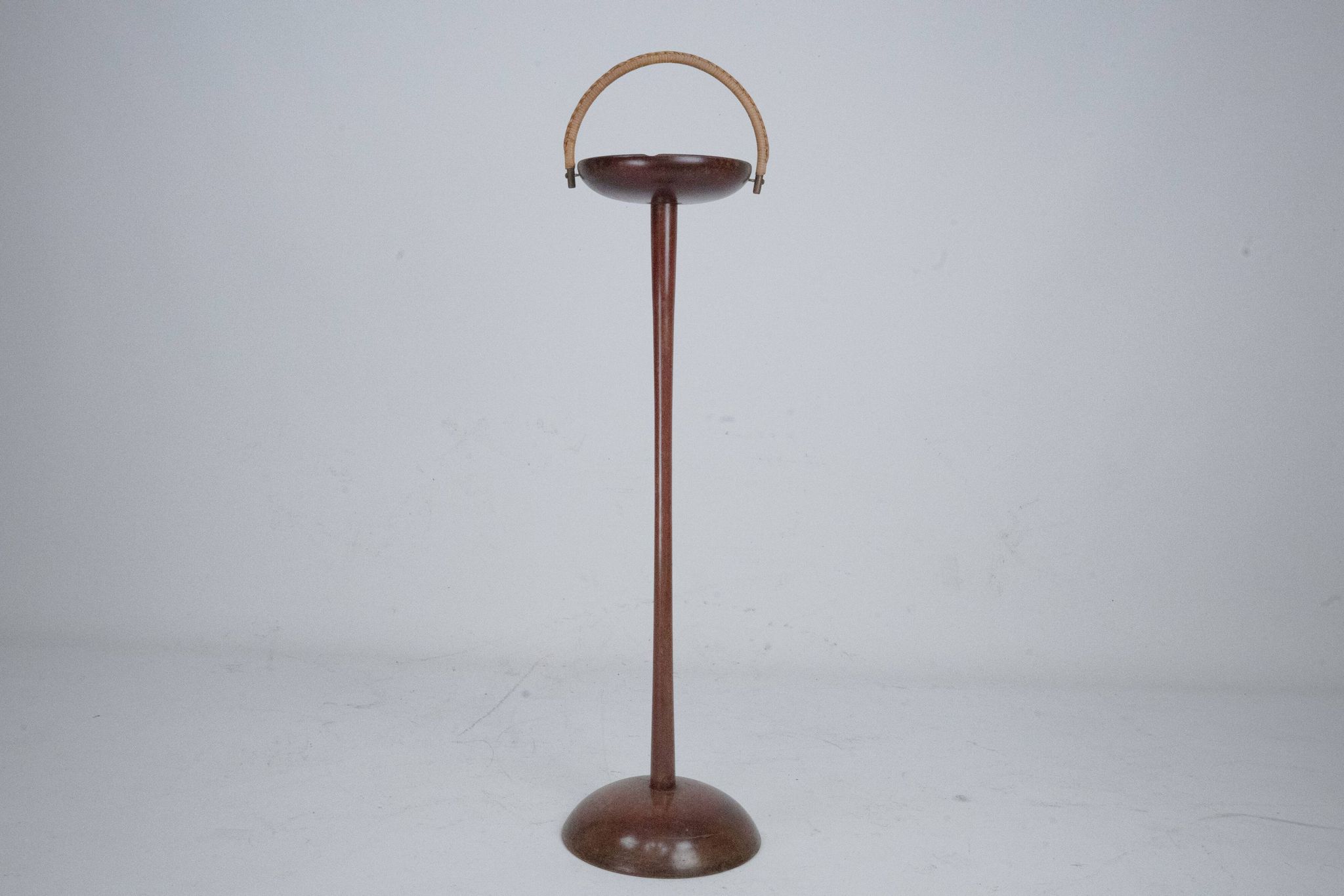 Vintage Wooden Ashtray Stand with Braided Leather Handle. Italy 1950s