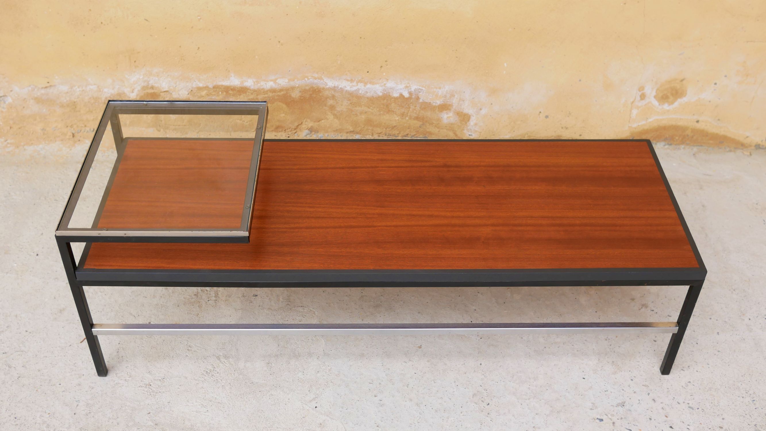 Modernist coffee table vintage wood, metal and glass