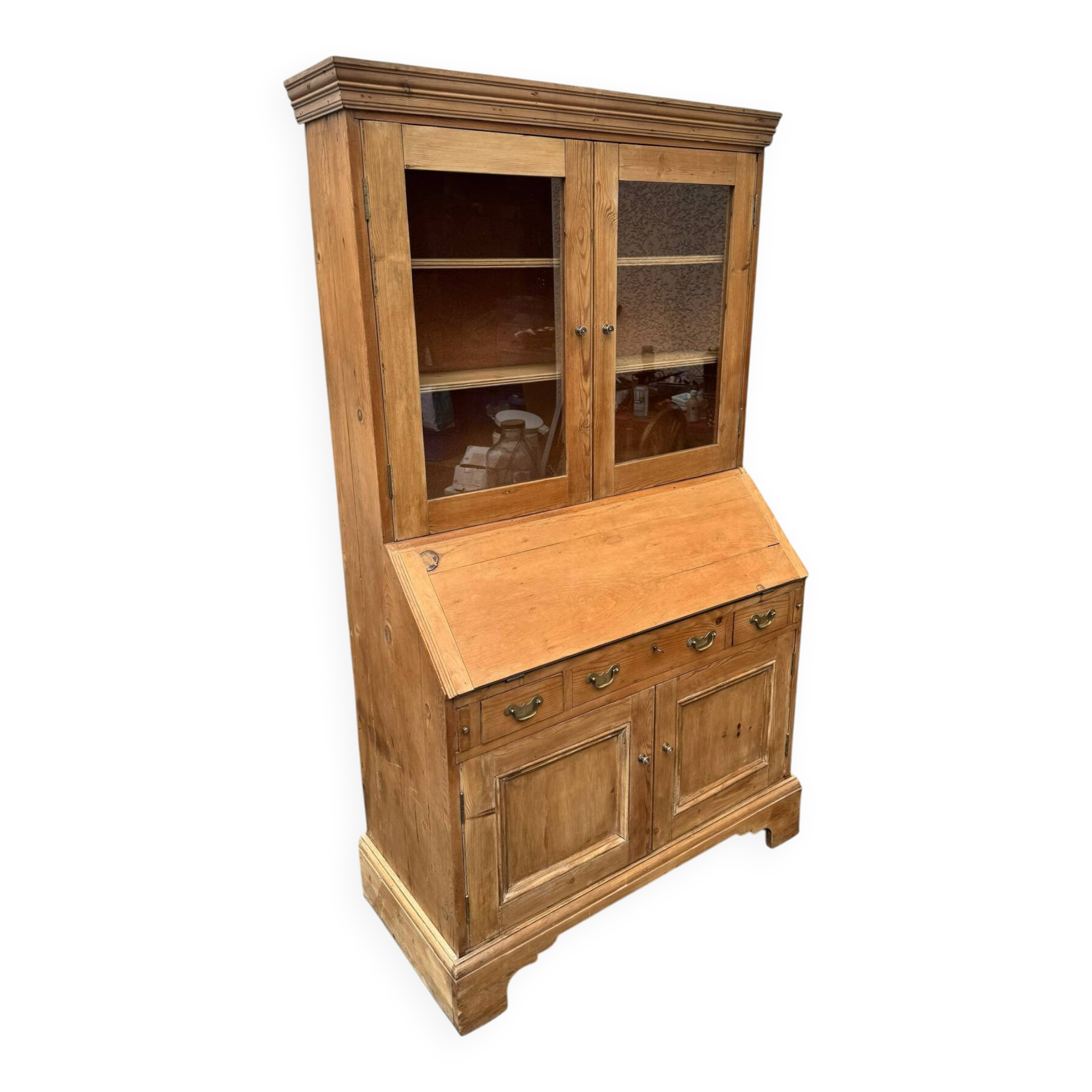 Showcase secretary with two bodies, English, in raw pine – around 1900