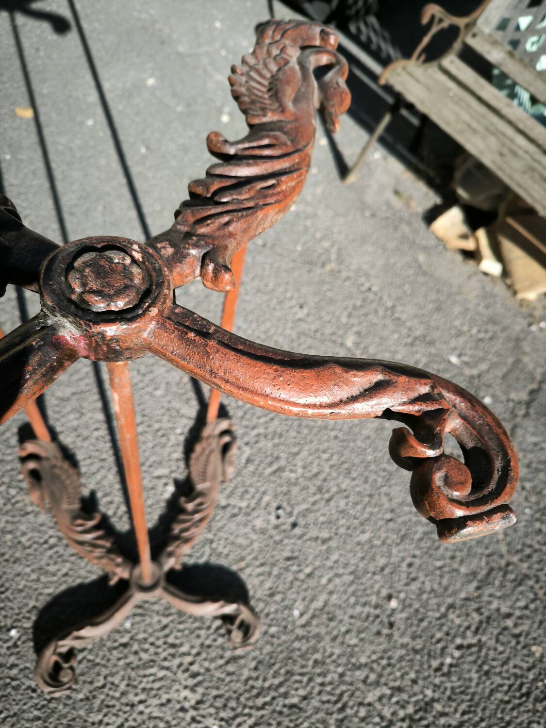 Cast iron and marble swan-neck coffee table