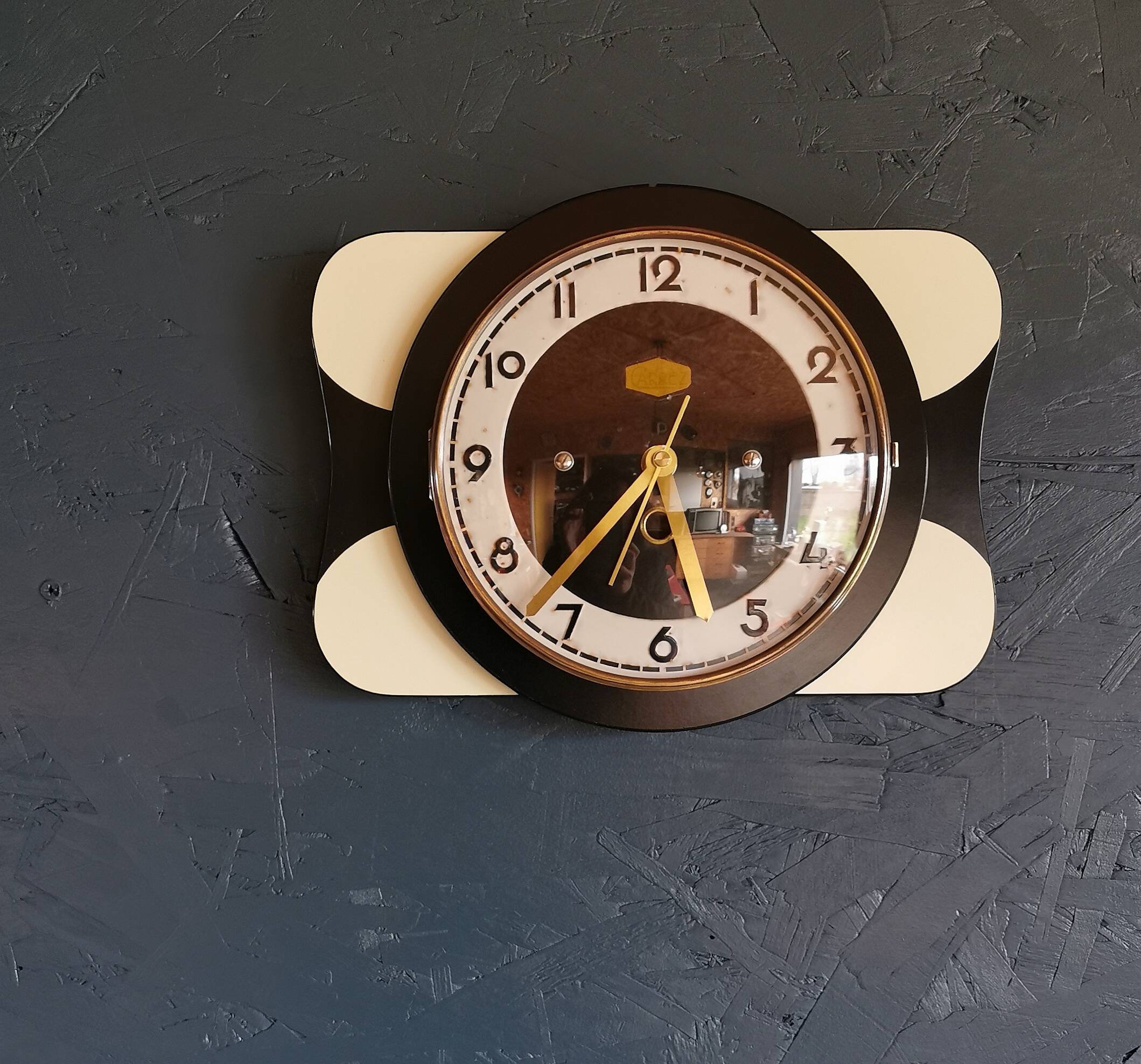 Vintage formica clock rectangular silent wall pendulum "Carrez black white"