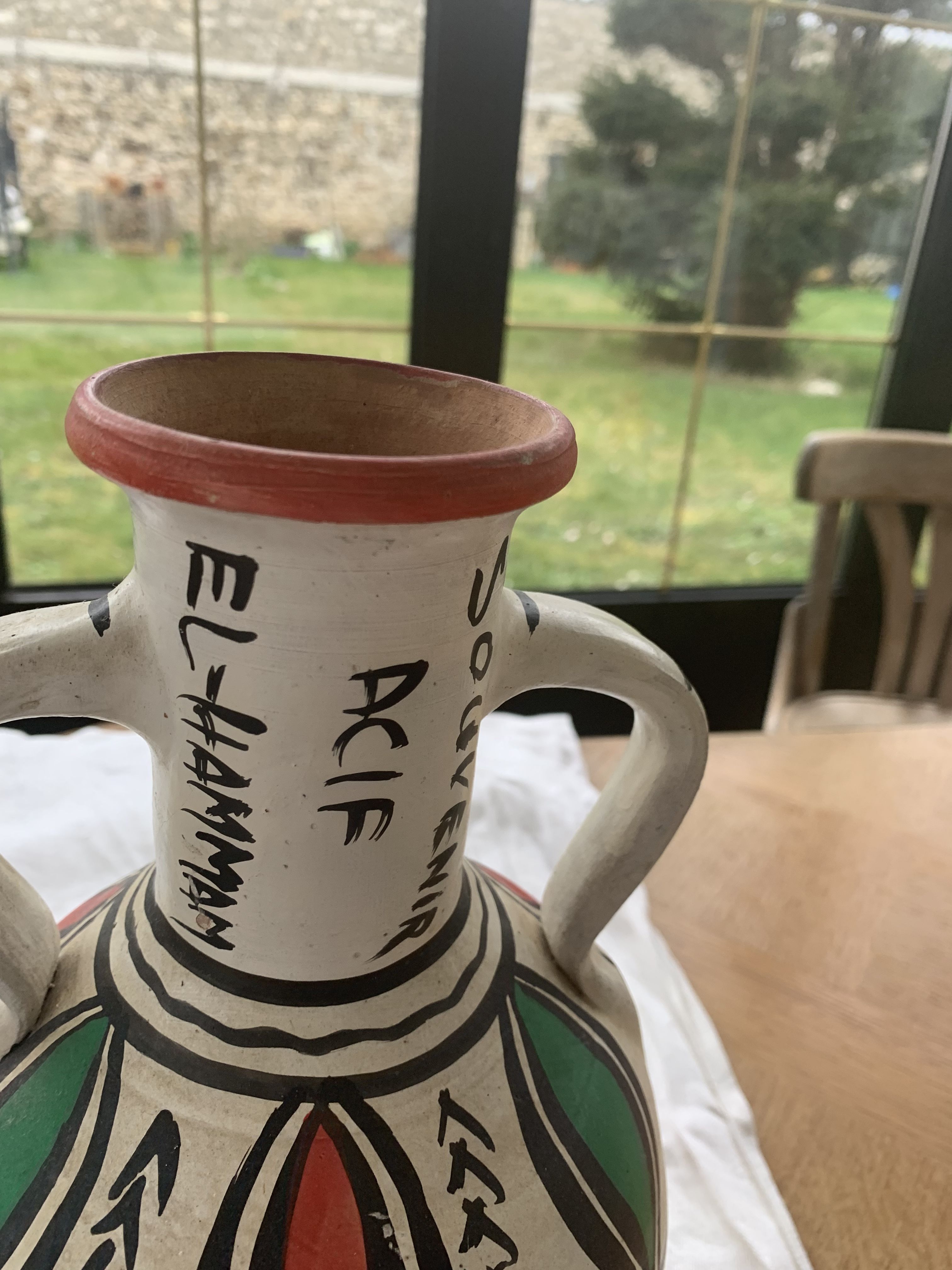 Pair of amphora vase, vintage artisanal and oriental pottery