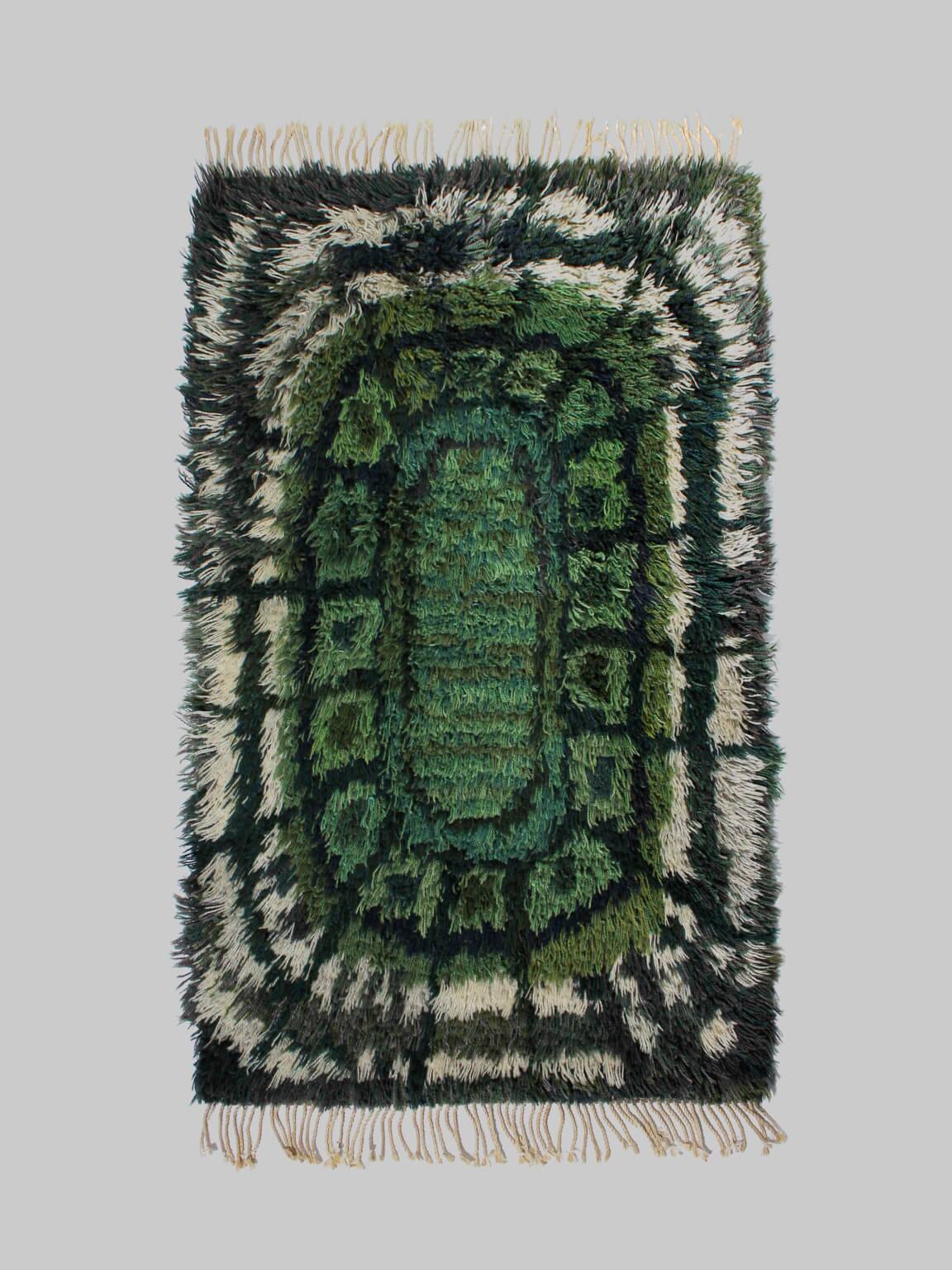 Geometric Swedish Rya Wool Rug In Green Tones 80x150cm