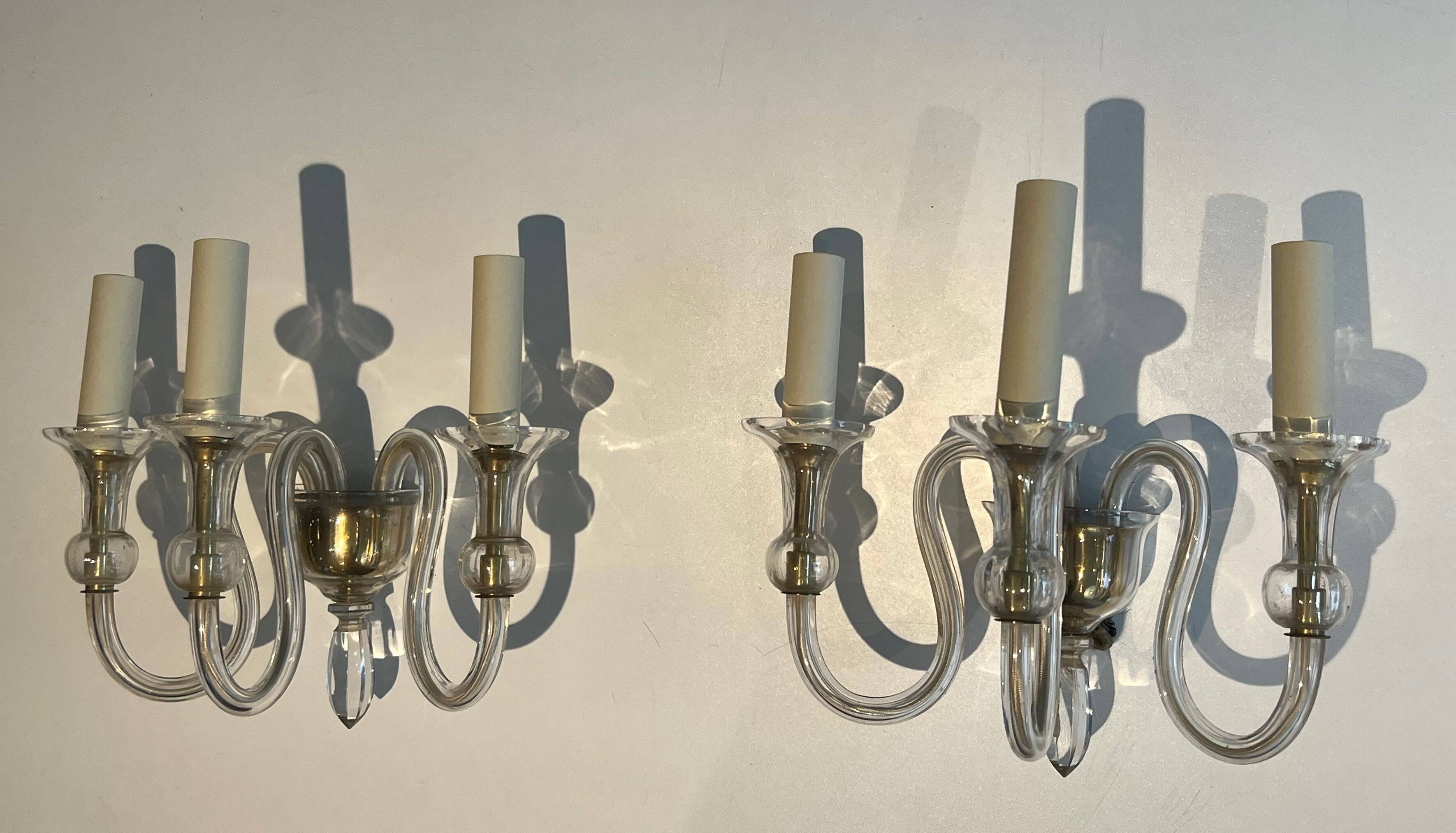Pair of Murano crystal wall lights with 3 arms.