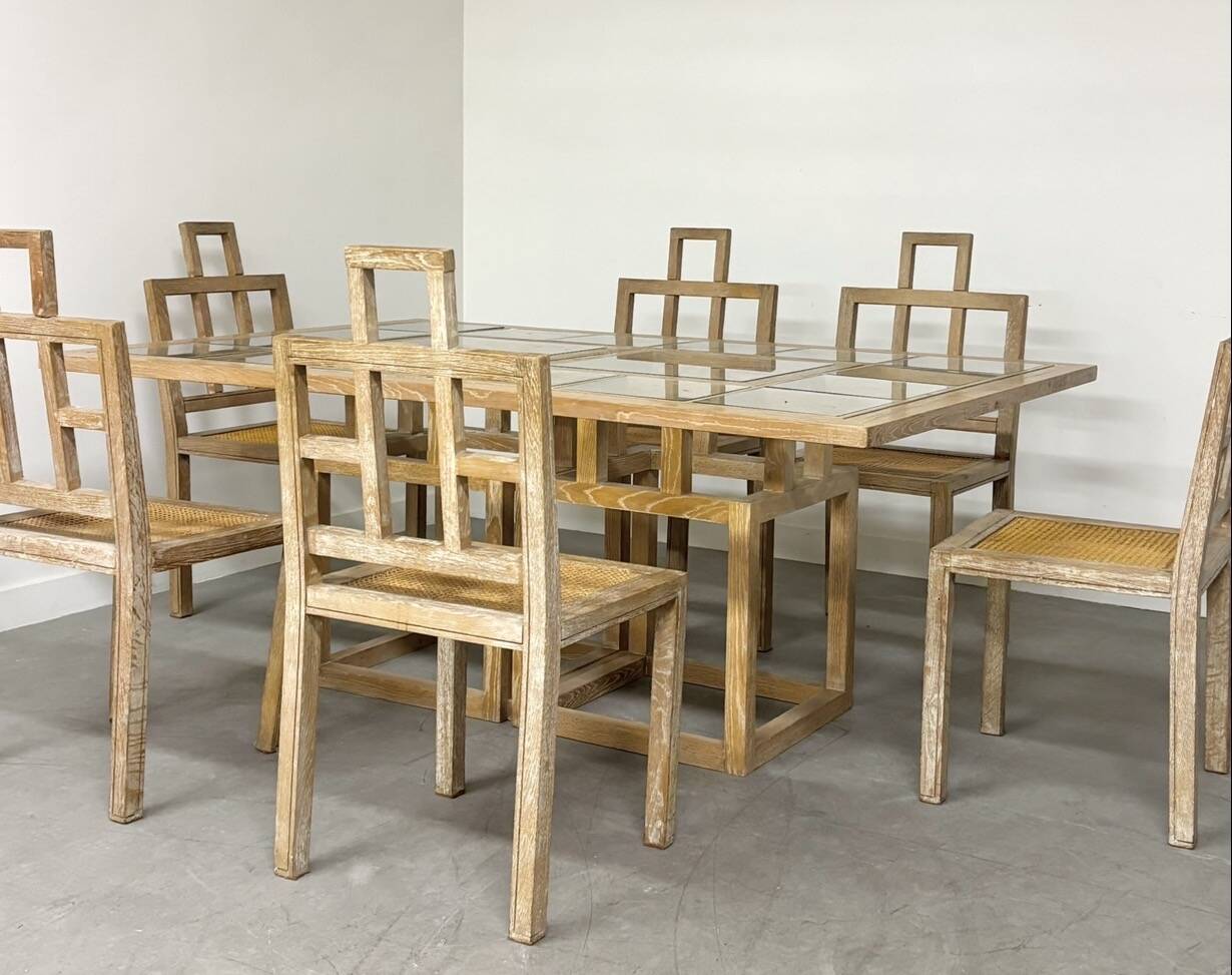 Ensemble 6 chaises et table à manger en chêne cérusé, 1980