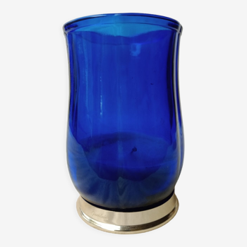 Blue glass and gold metal candle holder