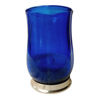 Bougeoir en verre bleu et métal doré