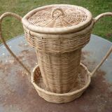 Basket shaped cup or vase with handles and wicker lid