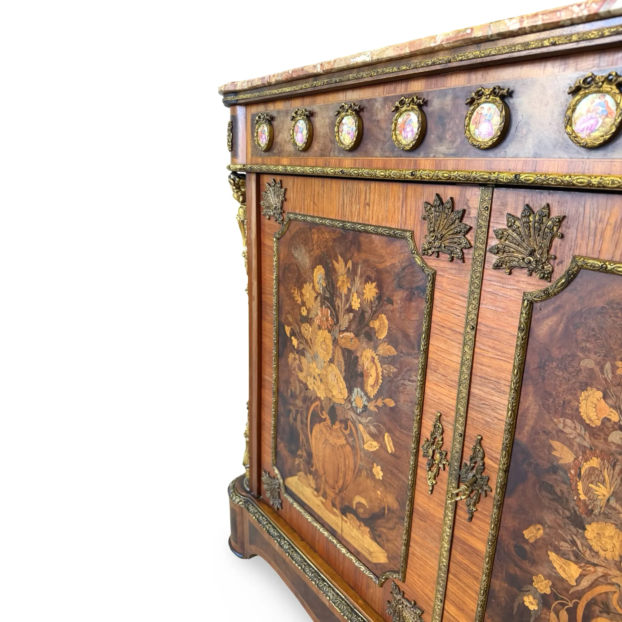 An antique French Louis XVI-style marble-top side cabinet