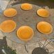 6 flat plates slip, enamelled ceramic ochre, mustard yellow, stamped Gien