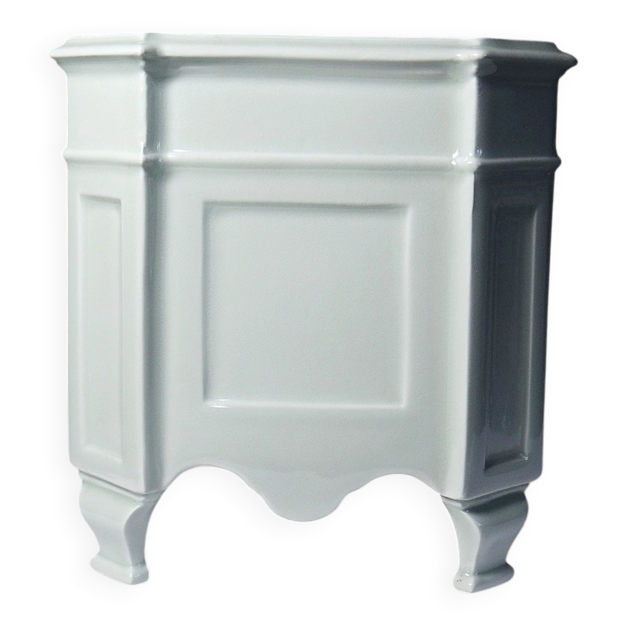 Square cache-pot with feet in celadon Limoges porcelain, Rococo style.