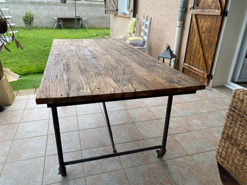 Table ancienne bois et fer forgé