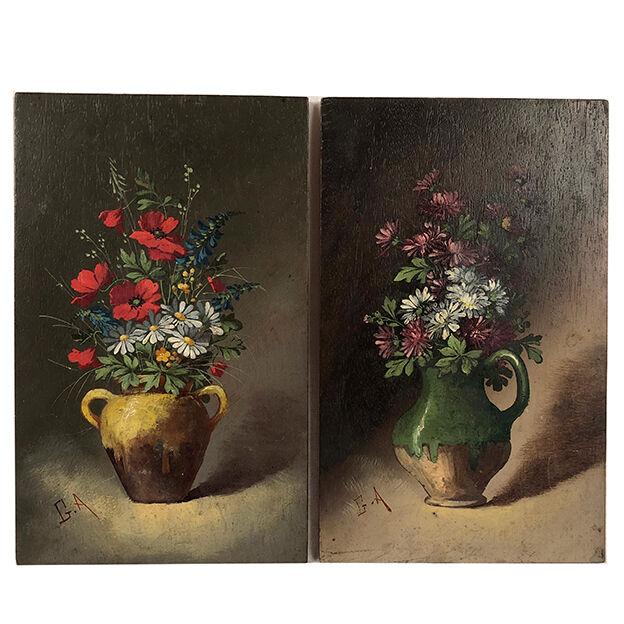 Pair of miniatures, oils on panel, bouquets of flowers