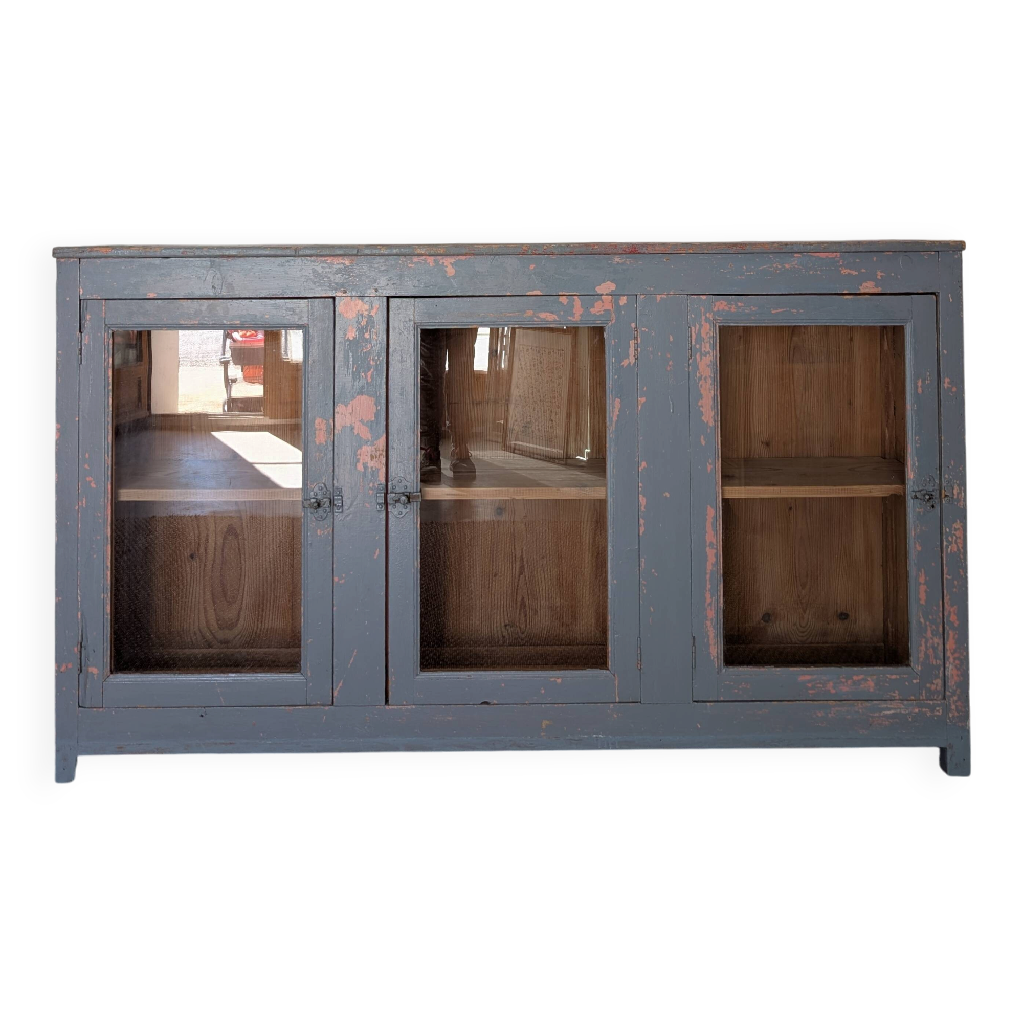 Glazed enfilade antique workbench – blue patina
