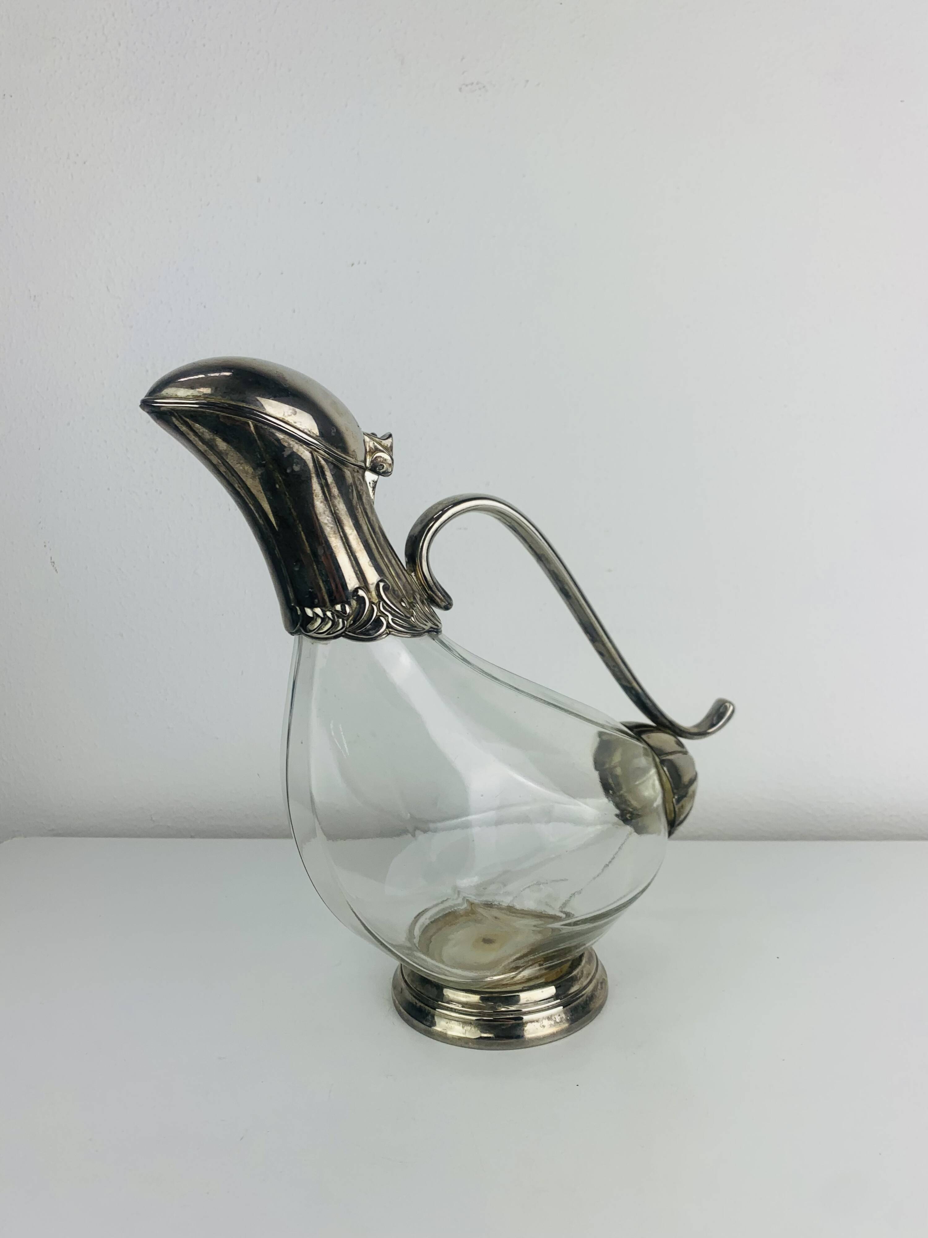 Silver-plated wine carafe jug, duck