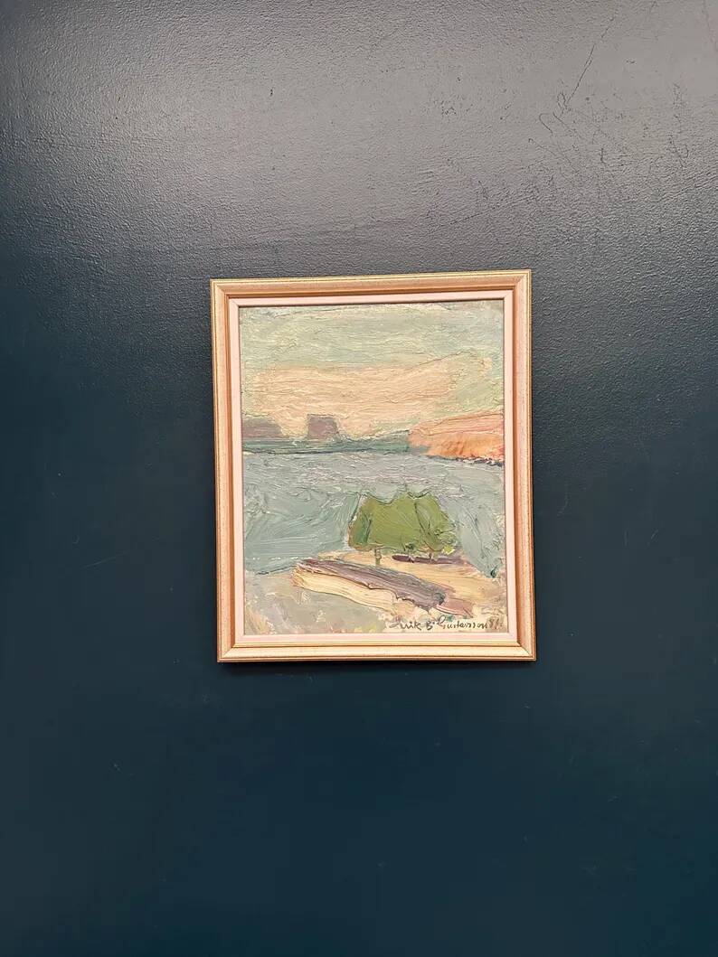Original Swedish Oil on Canvas – "Coastal Landscape" by Erik Birger Gustavsson – Signed – Dated 1981 – Vintage and Framed – 41 × 33 cm (16.1 × 13 inches)