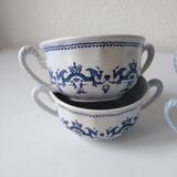 Set of 4 large cups with sky blue handles with Royal navy blue decoration signed salins Ségur ceramic France