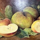 Huile sur toile d'une nature morte aux pommes 1910, tableau ancien encadré