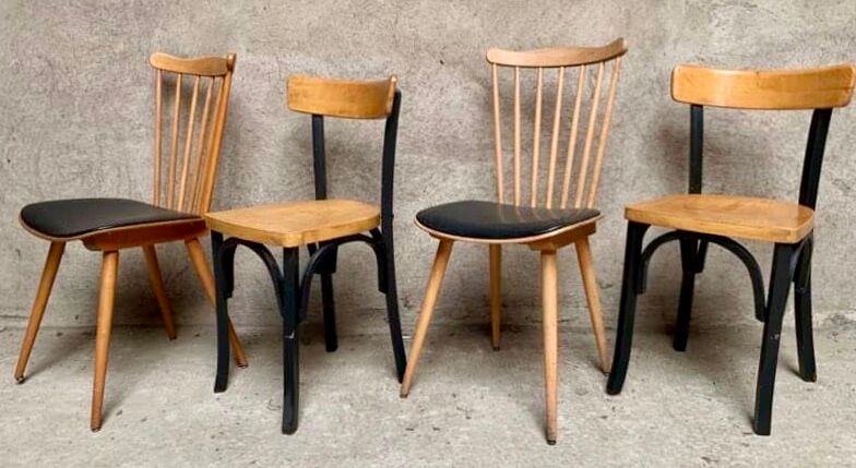 Series of 4 old wooden bistro chairs