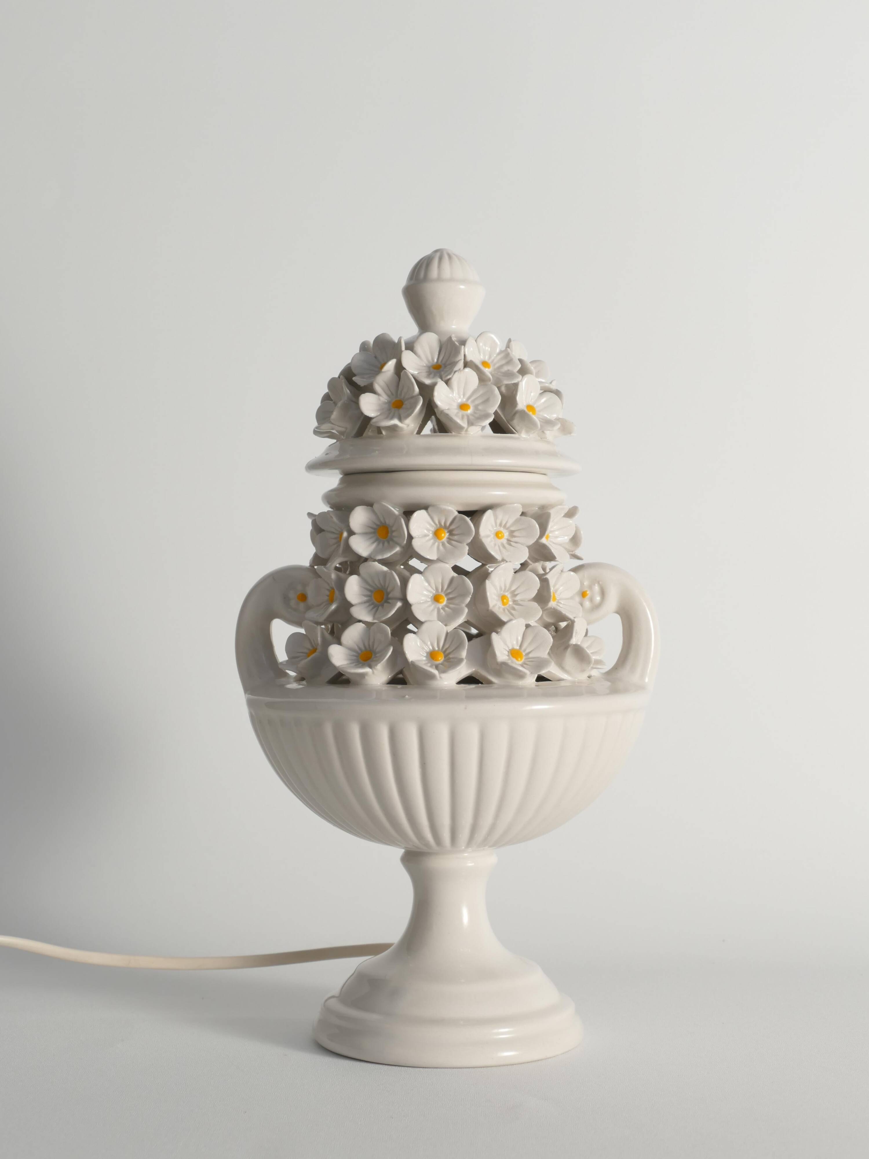 White Ceramic Table Lamp with Flower Motif, Italy 1960s