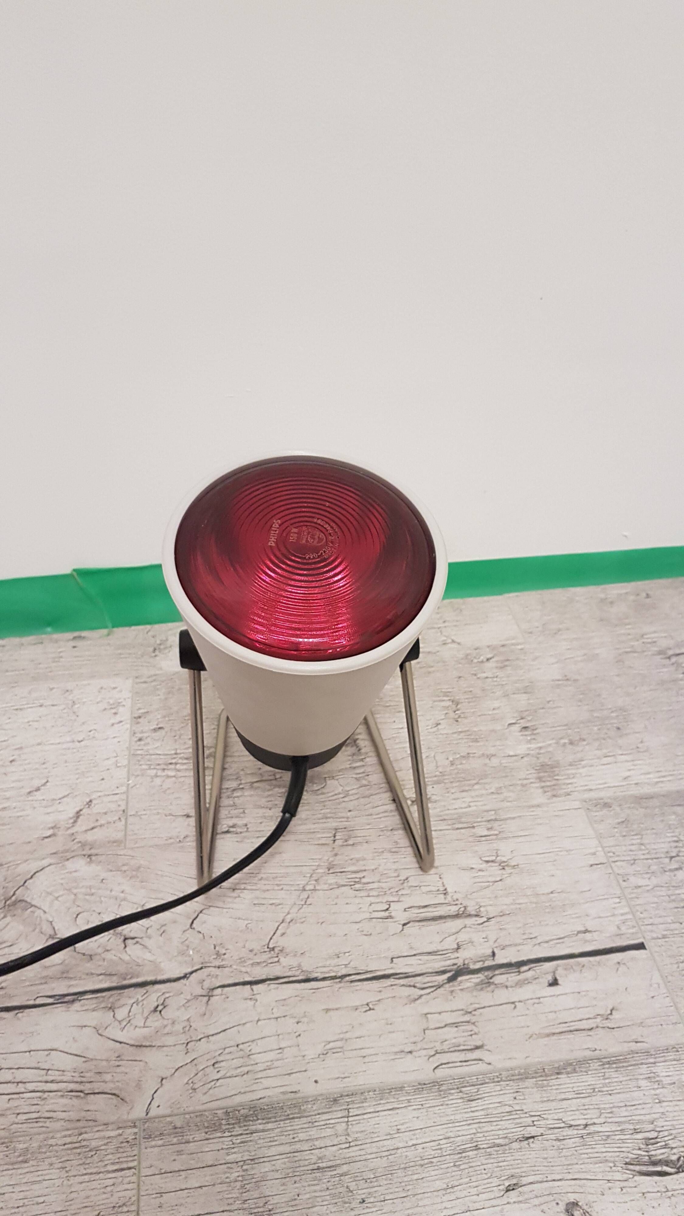 Space Age desk lamp, white metal, chrome-plated steel, red glass, Germany,