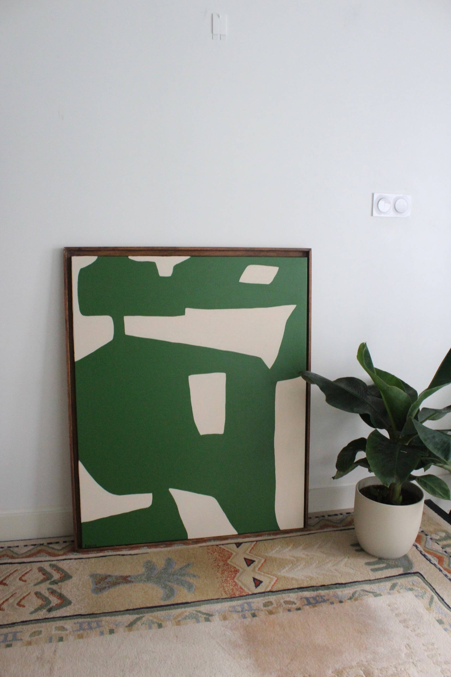 Organic abstract on green and beige canvas 100x81cm