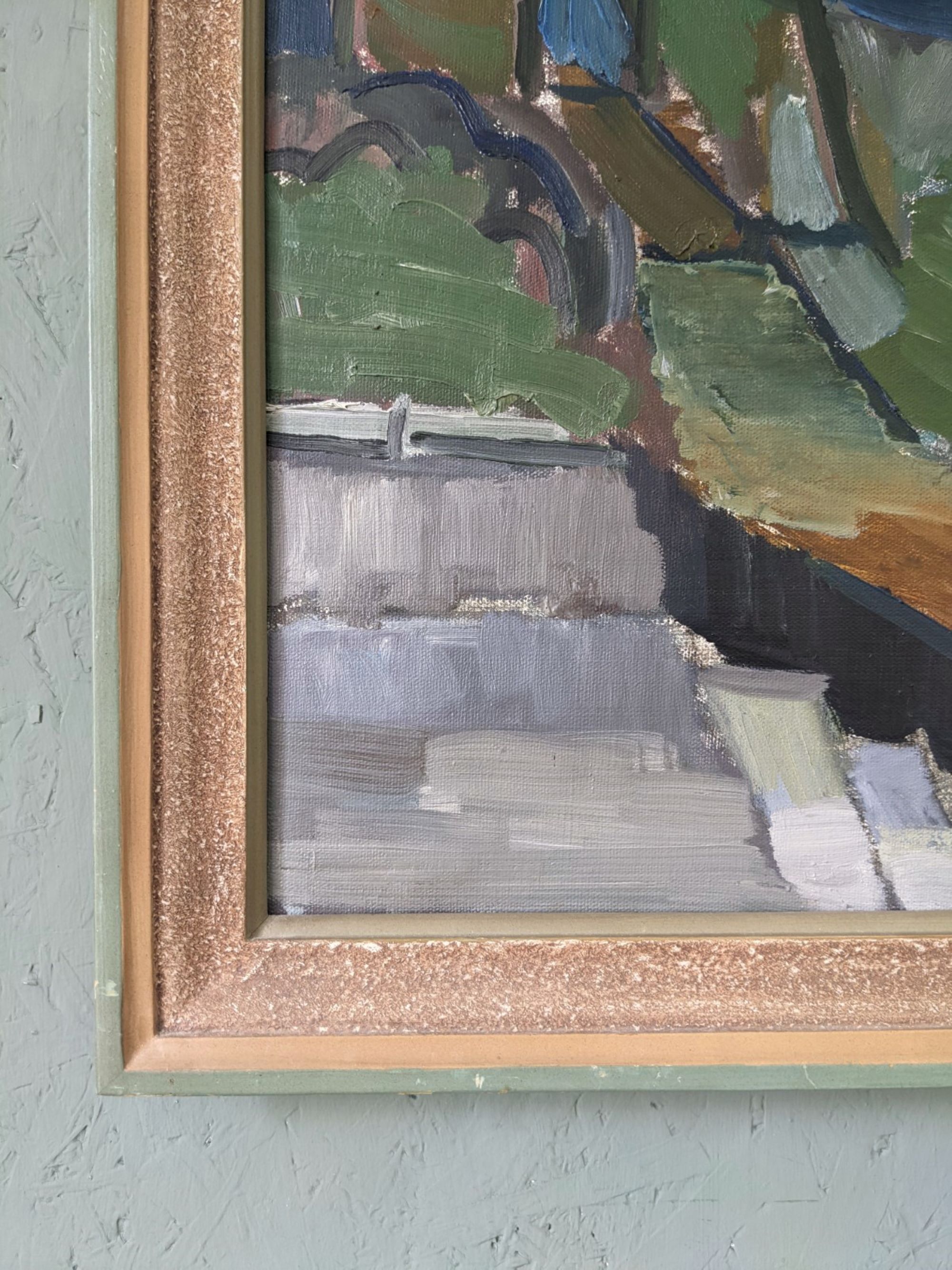 Mid-Century Modern Swedish Oil Painting "Green Park" Vintage Framed Landscape