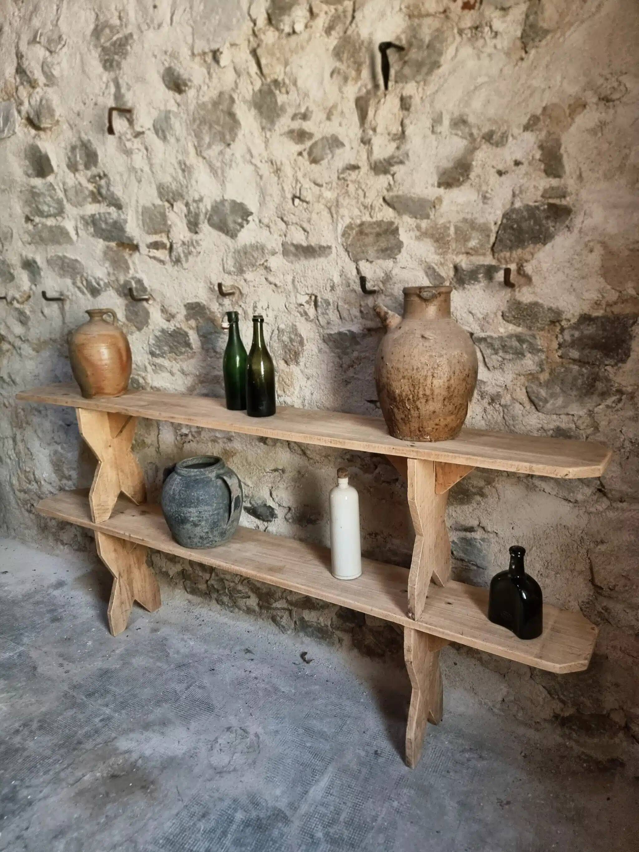 Set of 2 antique French poplar benches, consoles or shelves, circa 1900.