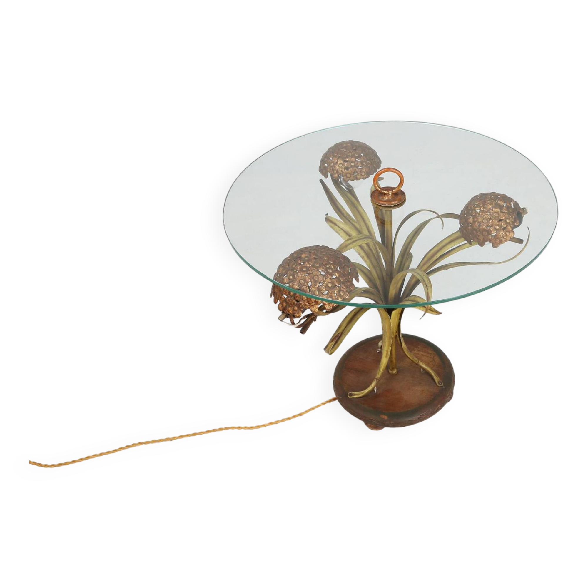 French Hollywood Regency style coffee table with lightning in brass flowers, 1950