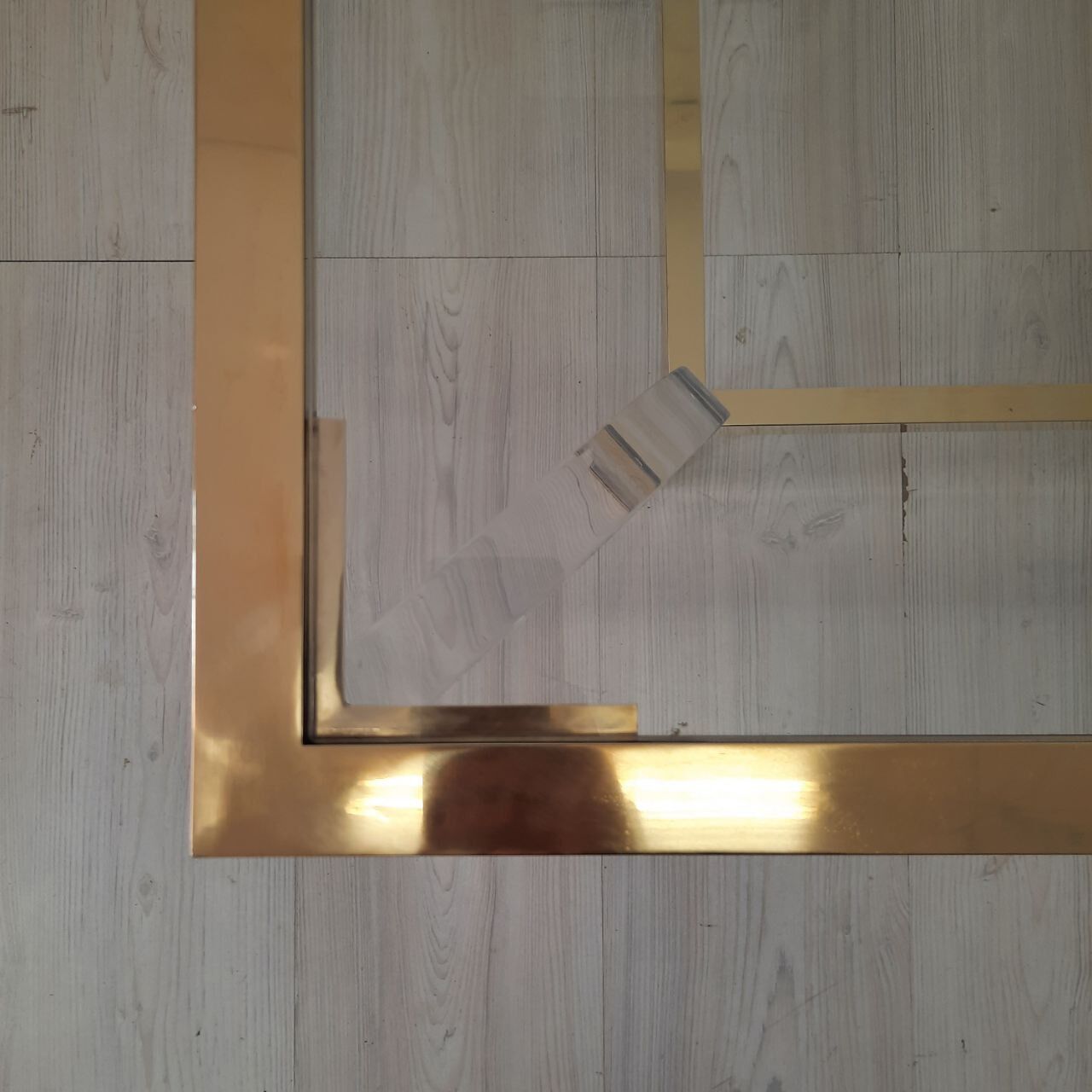 Square coffee table, lucite, brass and glass, Hollywood Regency