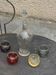 Liqueur carafe, or aperitif, carved with floral decoration in transparent glass and 4 polka dot glasses