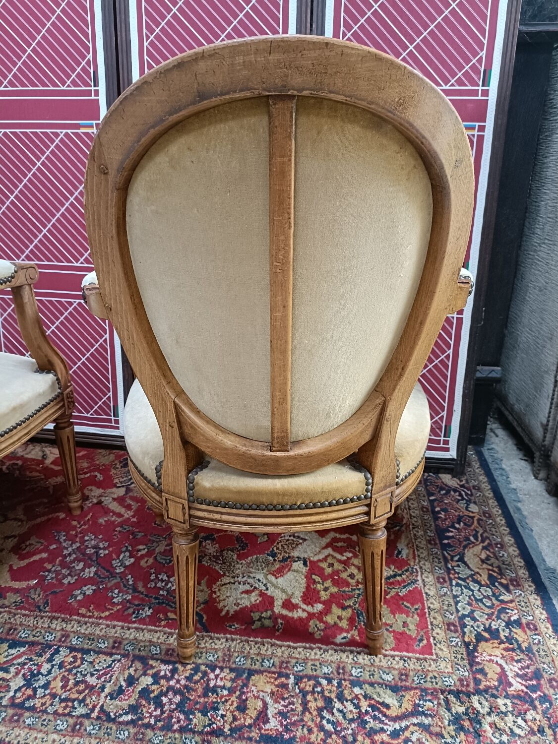 Pair of armchairs medallion Louis XV style, yellow velvet