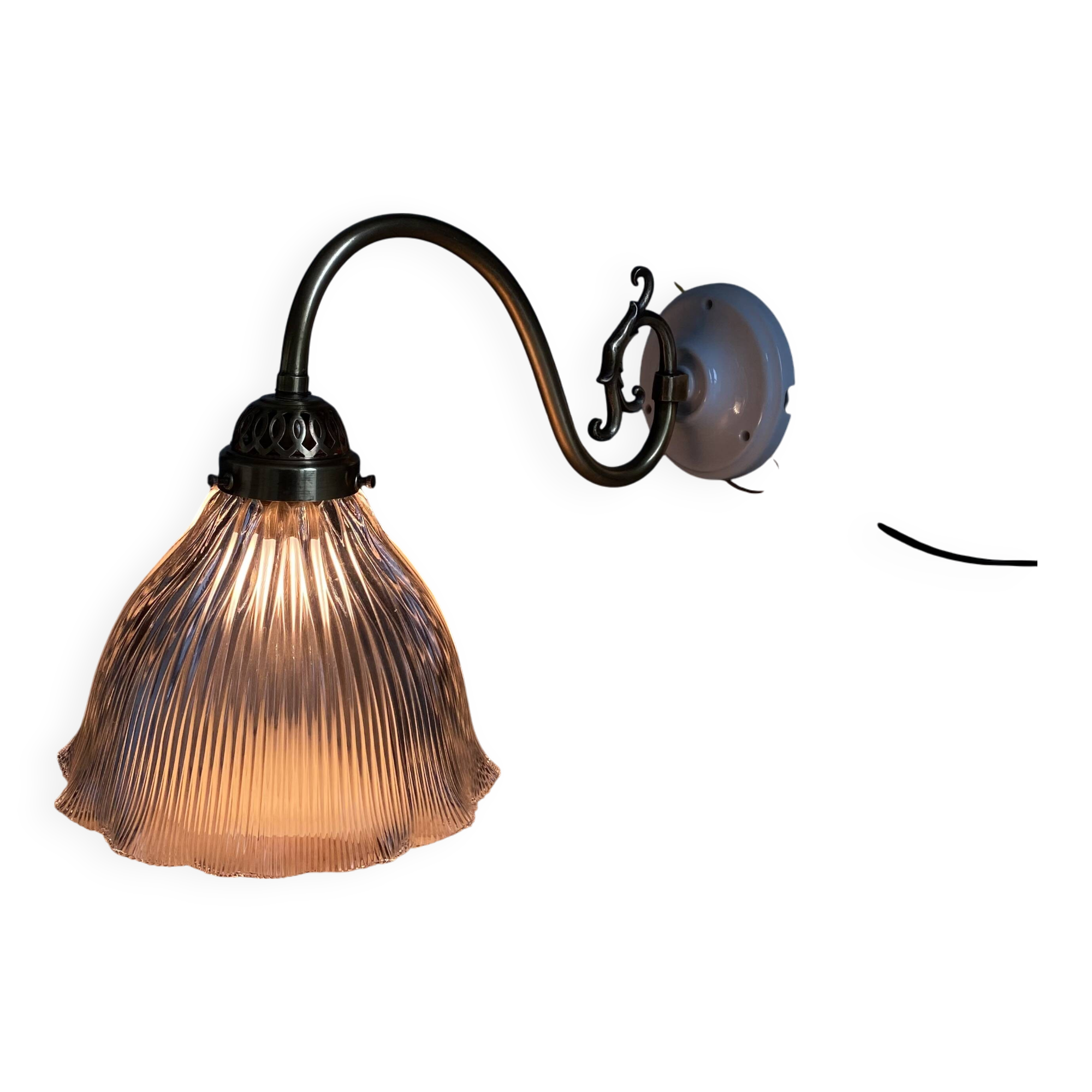 Holophane tulip brass swan neck wall lamp with porcelain rosette