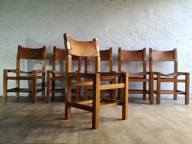 Suite de 6 chaises orme et cuir de la maison regain - circa 1960