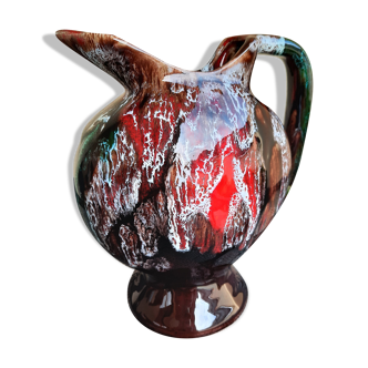 Earthenware pitcher signed vallauris, brown, orange, green, flammé décor, tbe.