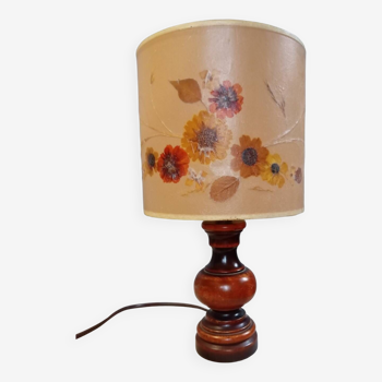 Turned wood table lamp, herbarium lampshade, vintage