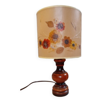 Turned wood table lamp, herbarium lampshade, vintage