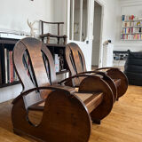 Pair of Art Deco armchairs in wood and cane.