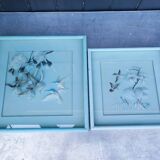 Two vintage paintings made with feathers, hummingbird motif