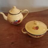 Enameled teapot and sugar bowl