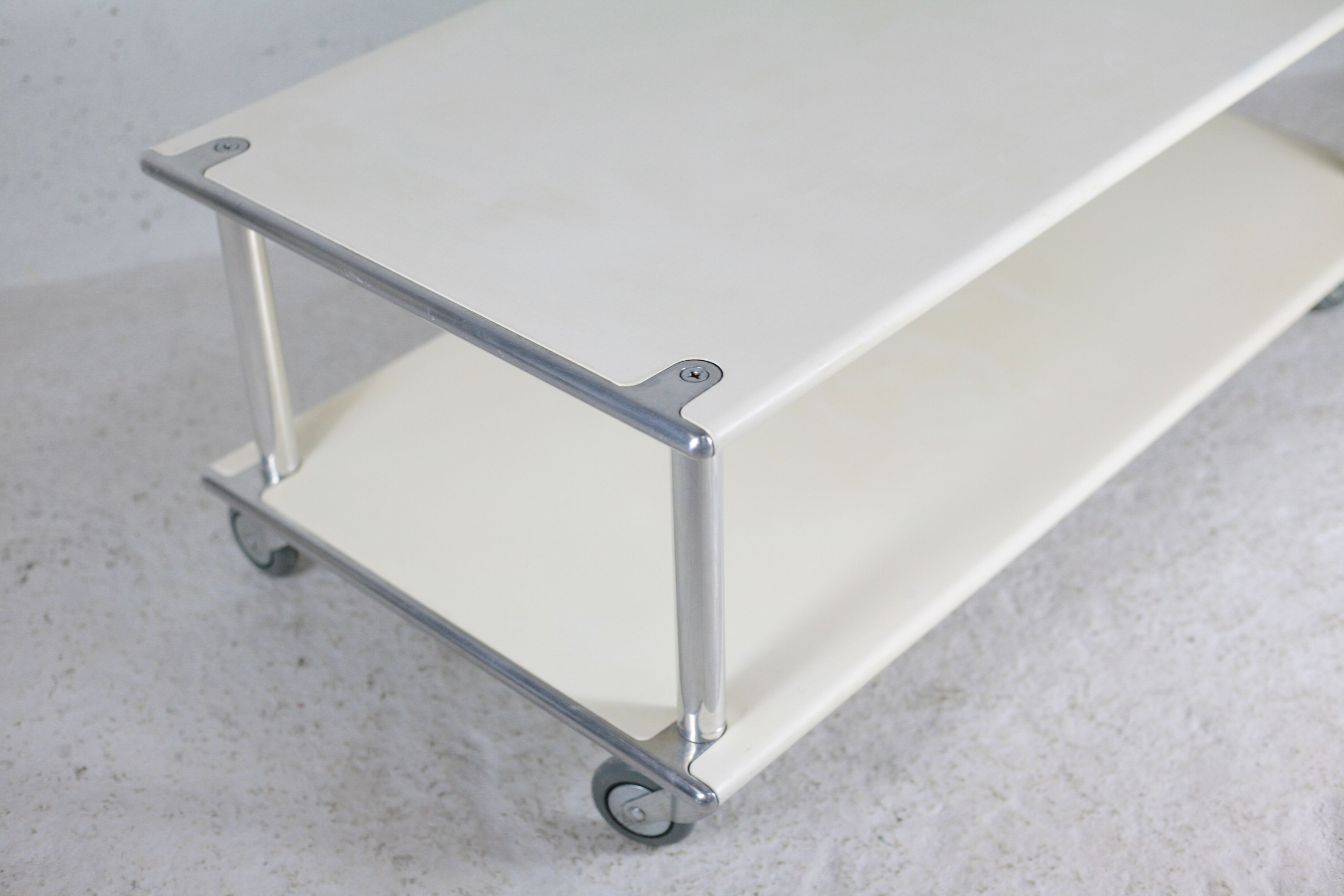 Coffee table in lacquered steel "cream", double trays, France, circa 1970