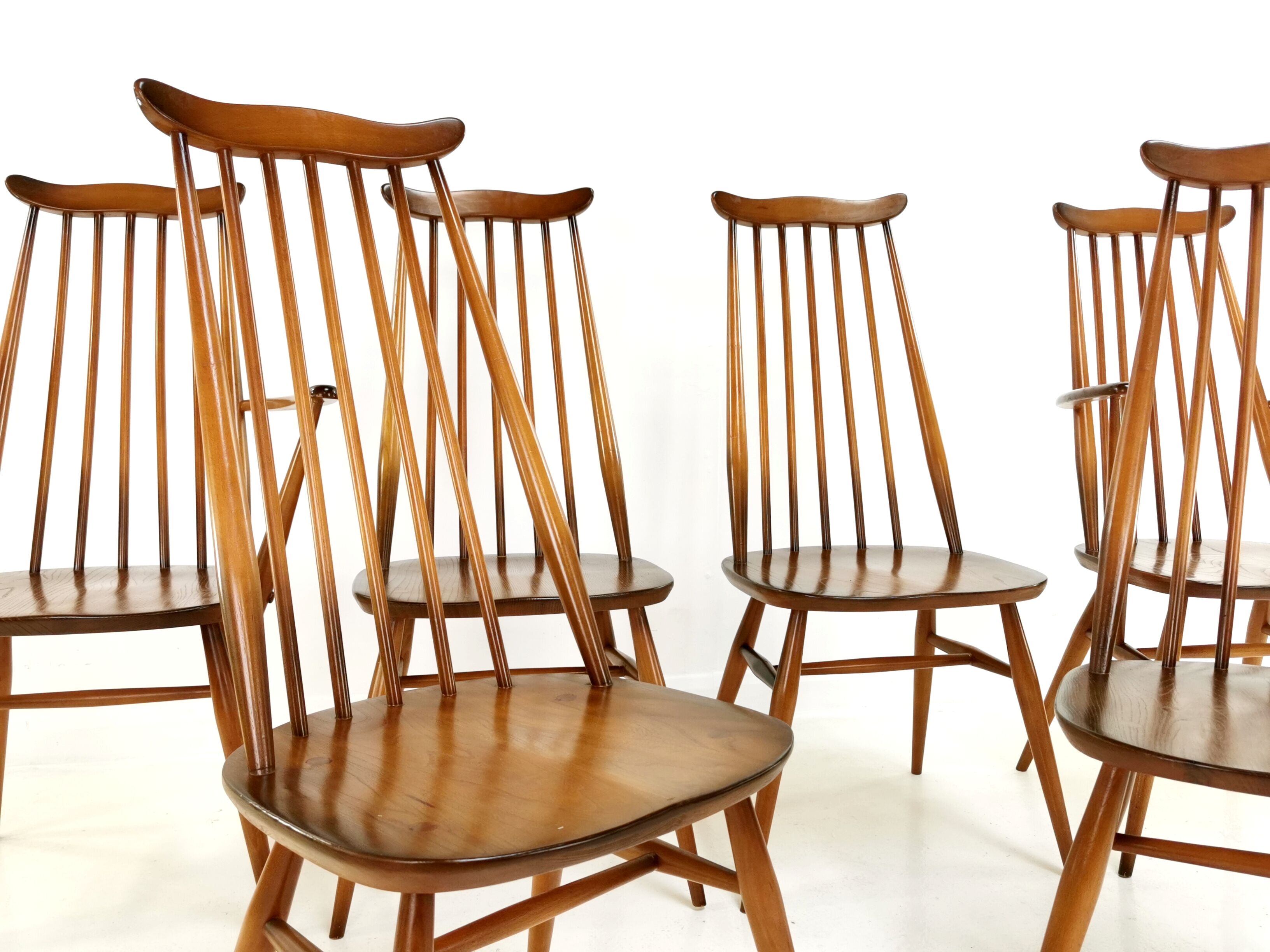 Set of 6 vintage Ercol elm & beech Goldsmith dining chairs mid century