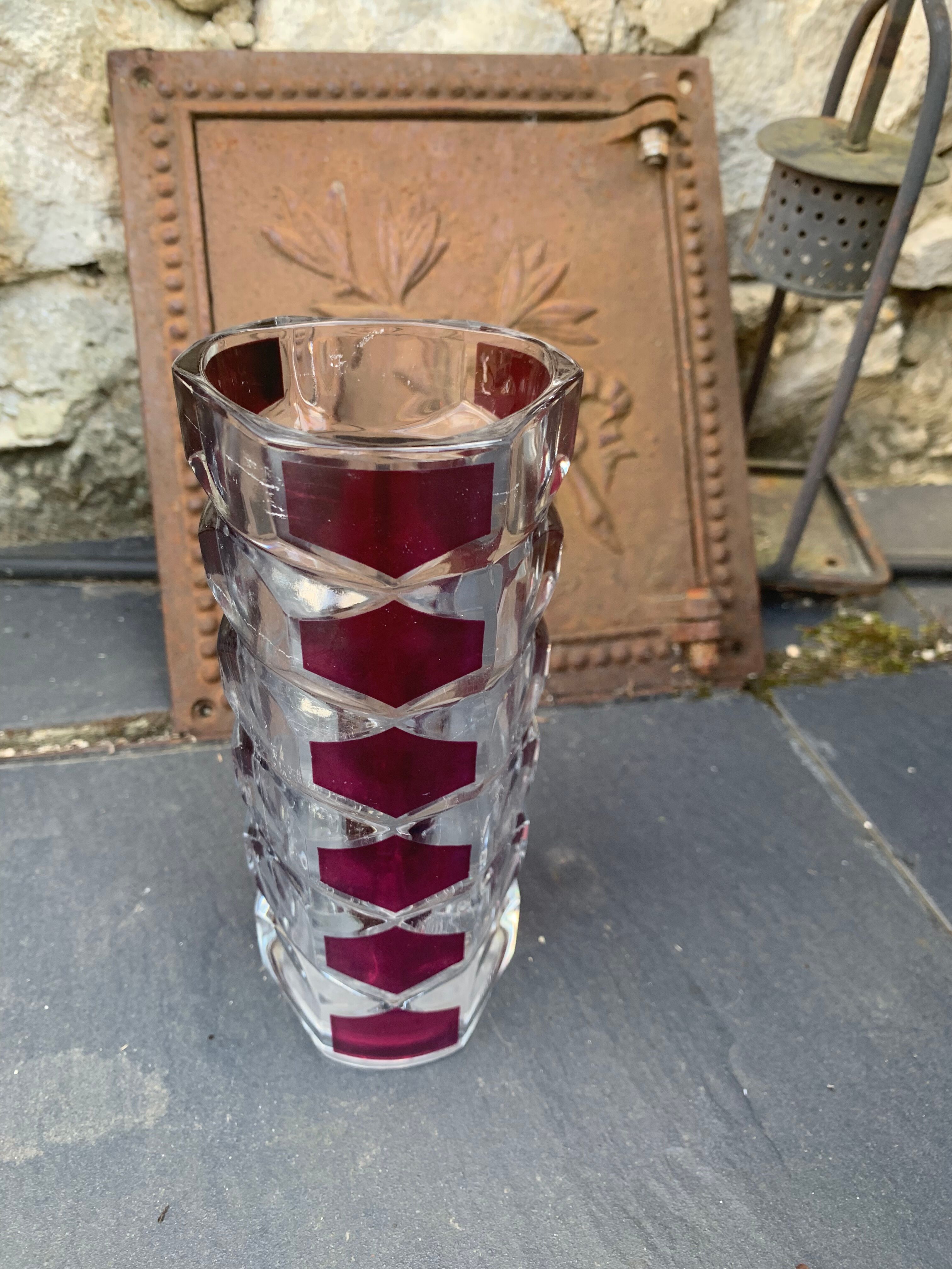 Transparent glass vase and burgundy design and vintage 1970