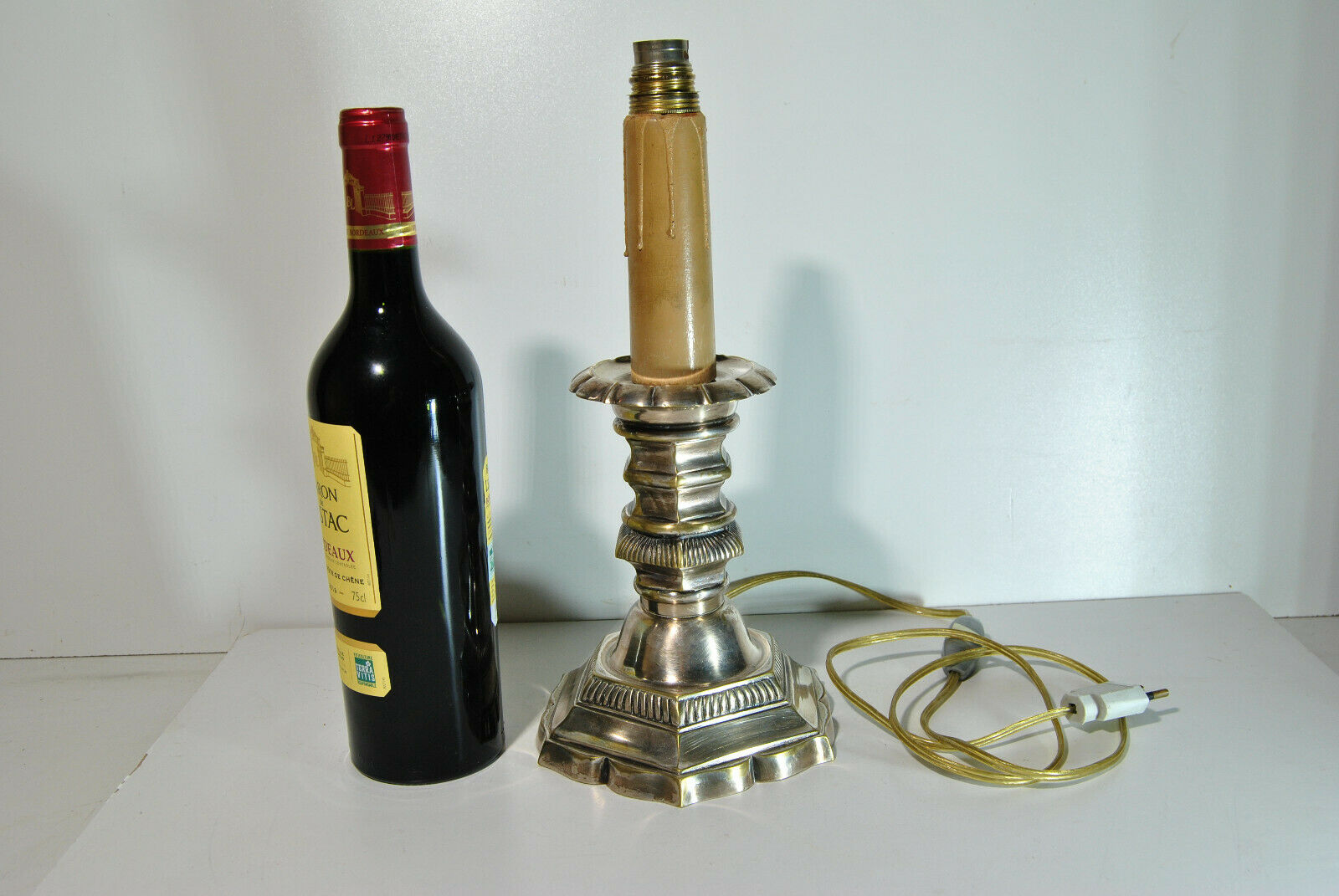 Candle holder pique candle candle old 19 century bronze silver mounted foot lamp