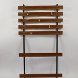 Wall coat rack by Carl Aubock with 5 brass hooks, walnut, iron, Austria, 1950s.