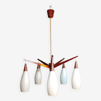 Scandinavian 5-light teak chandelier