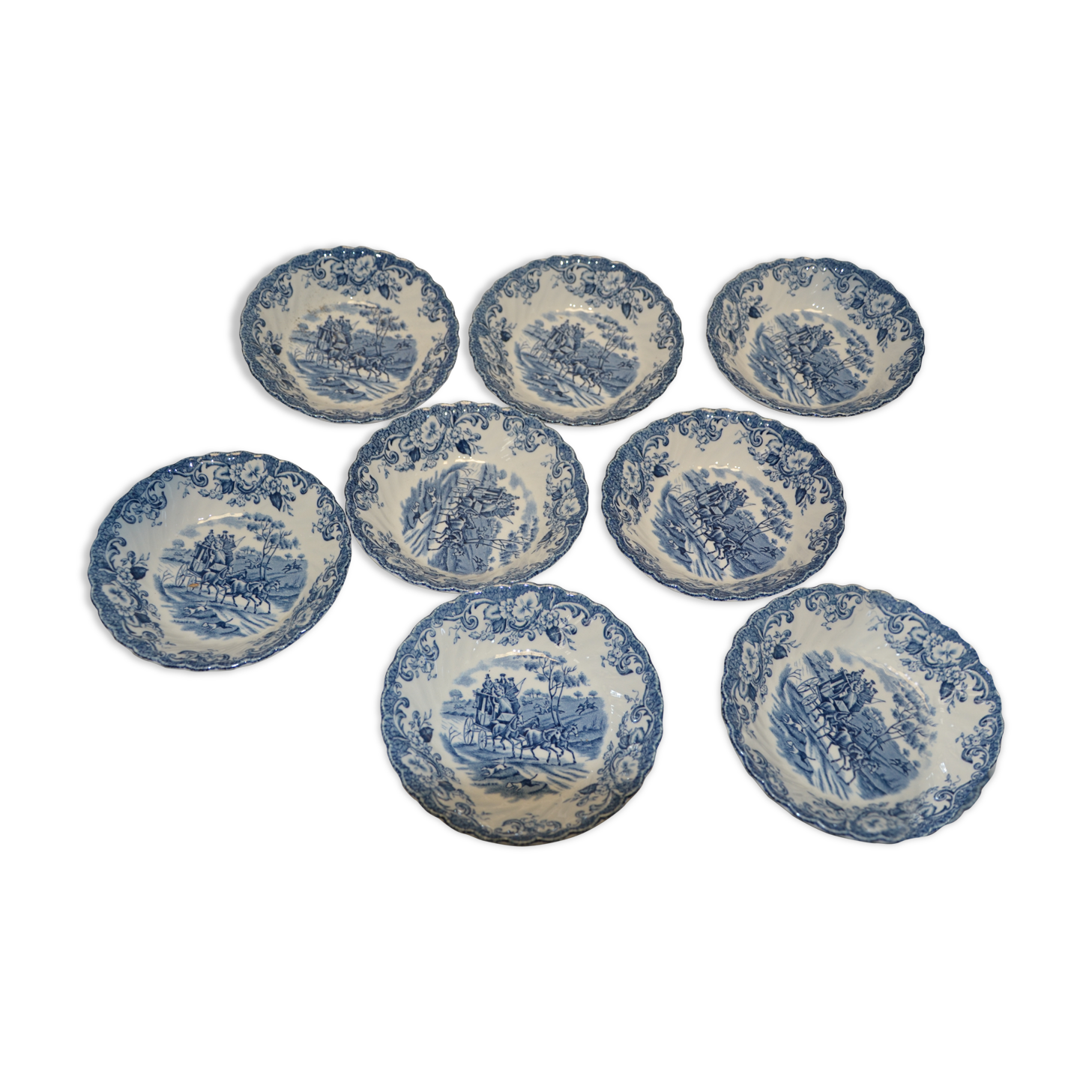 lots of 8 bowls with blue decor