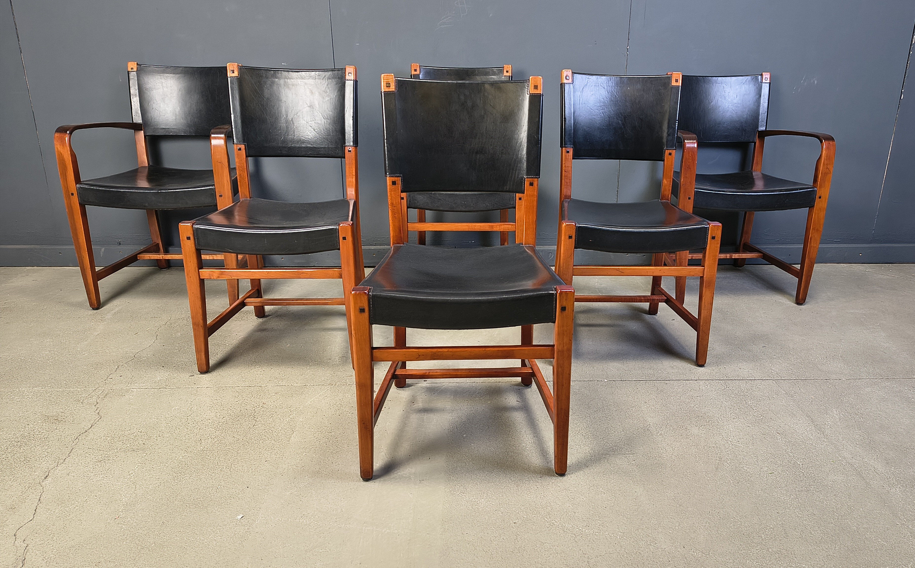 Vintage Spanish leather and wood dining chairs, set of 6 - 1970s