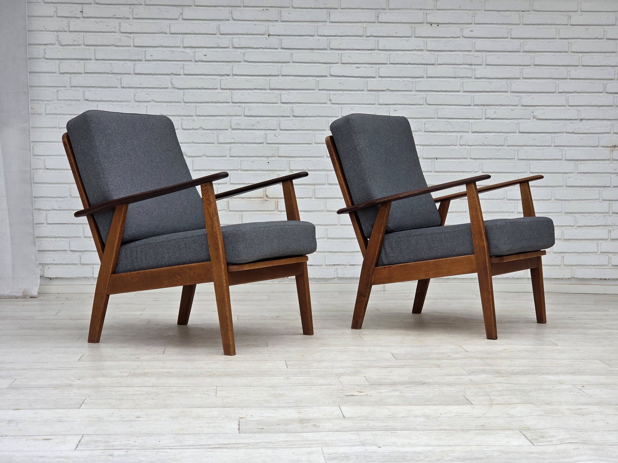 1970s, pair of Danish armchairs, reupholstered, furniture wool, teak, oak.