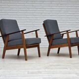 1970s, pair of Danish armchairs, reupholstered, furniture wool, teak, oak.